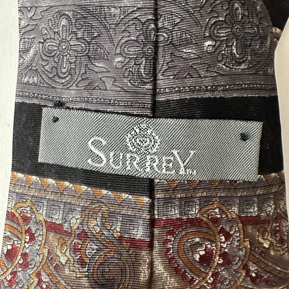 Surrey Mens Silk Tie Paisley Floral Striped Black Silver Burgundy Made in USA
